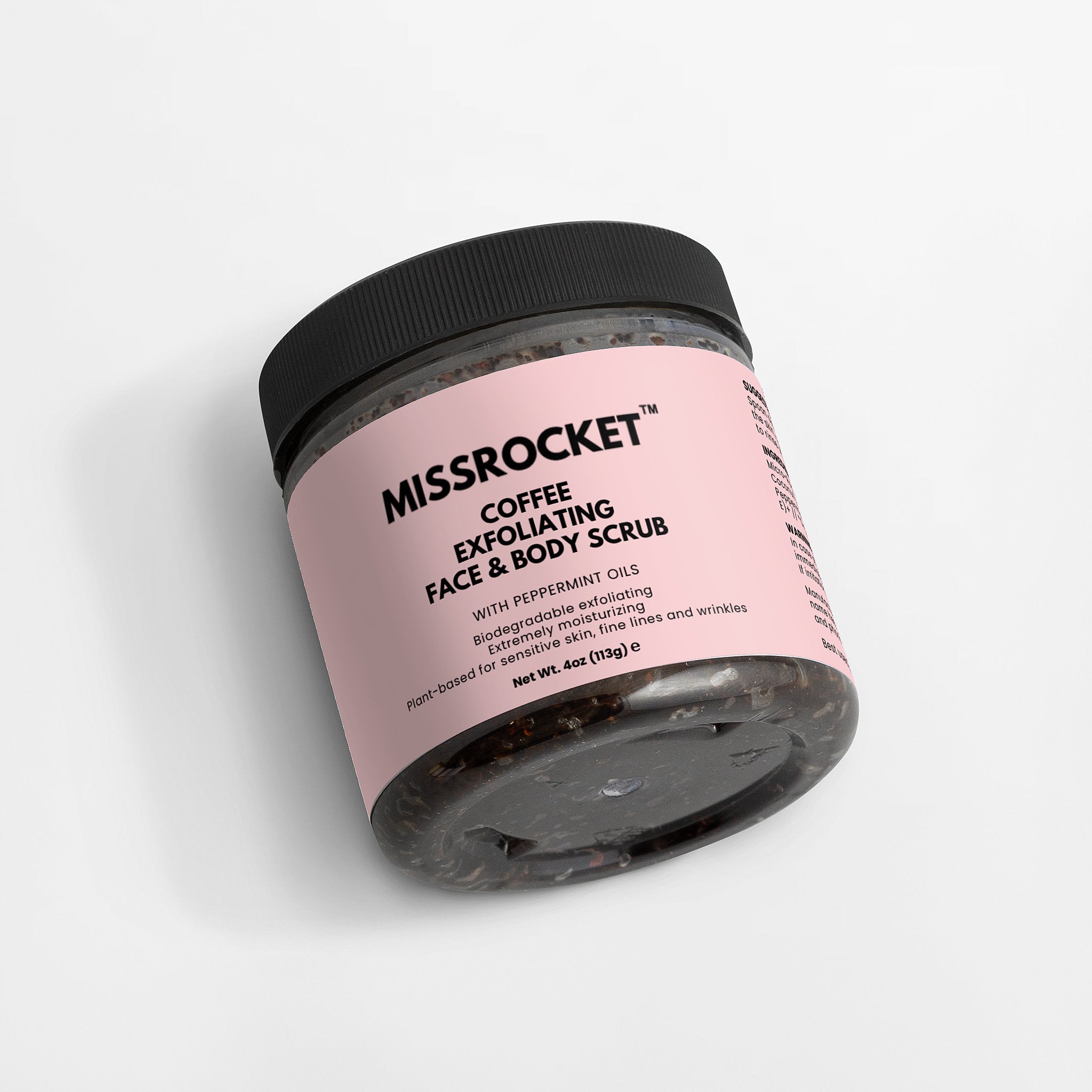 Missrocket coffee body scrub designed to exfoliate, firm, and energize dull skin