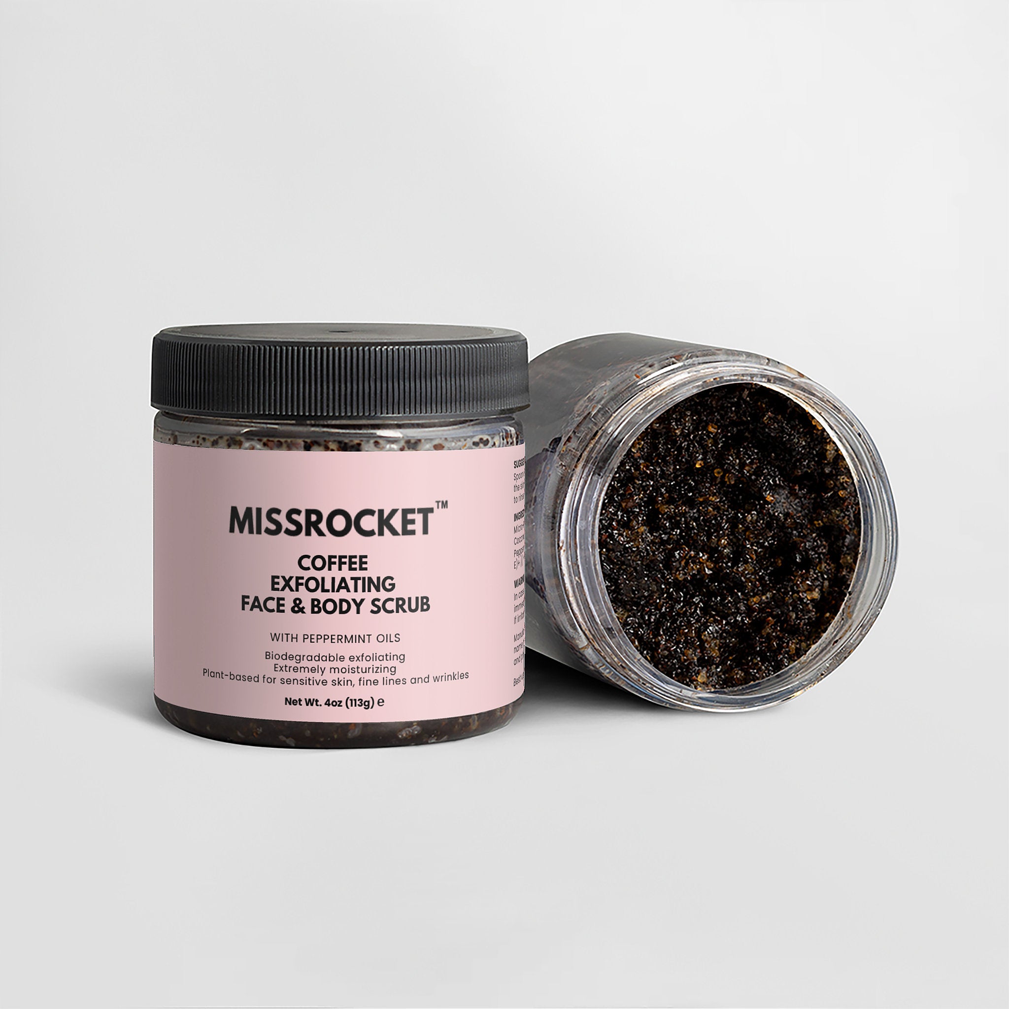 Missrocket coffee exfoliating face and body scrub designed to soften skin and improve texture