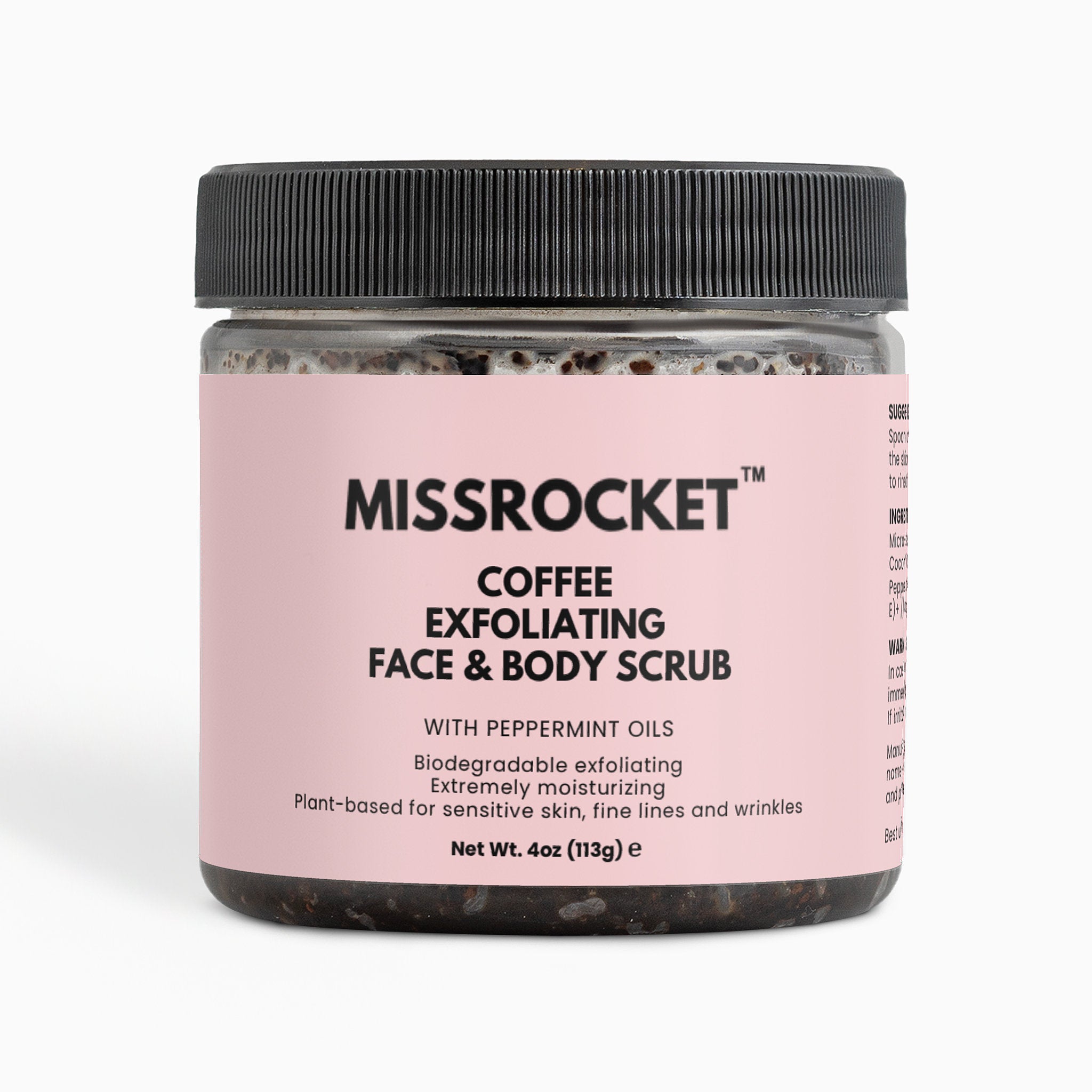 Missrocket coffee exfoliating scrub formulated to smooth skin and boost circulation