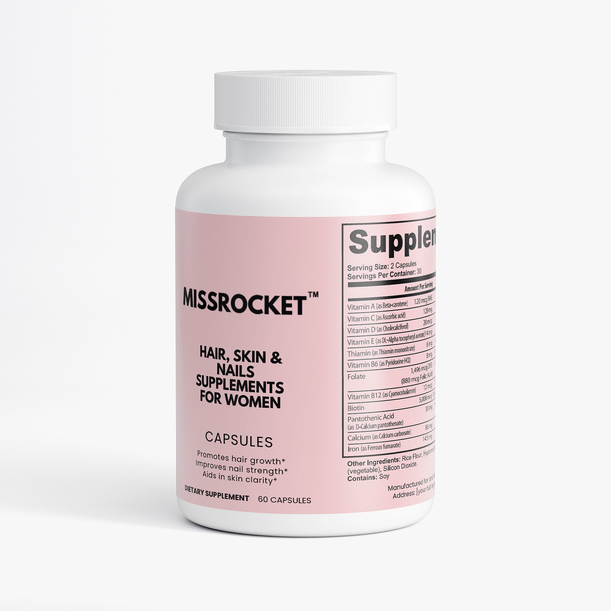 Missrocket hair, skin, and nails supplement designed to support strength, hydration, and natural beauty